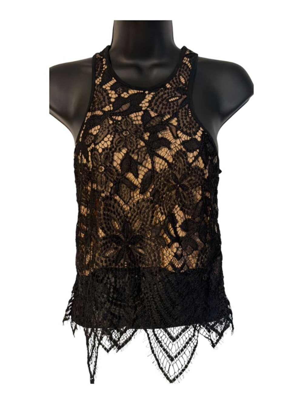 5/$25 - Express Black Lace Tank Top Nude Lining Handkerchief Hem Floral Crop XS